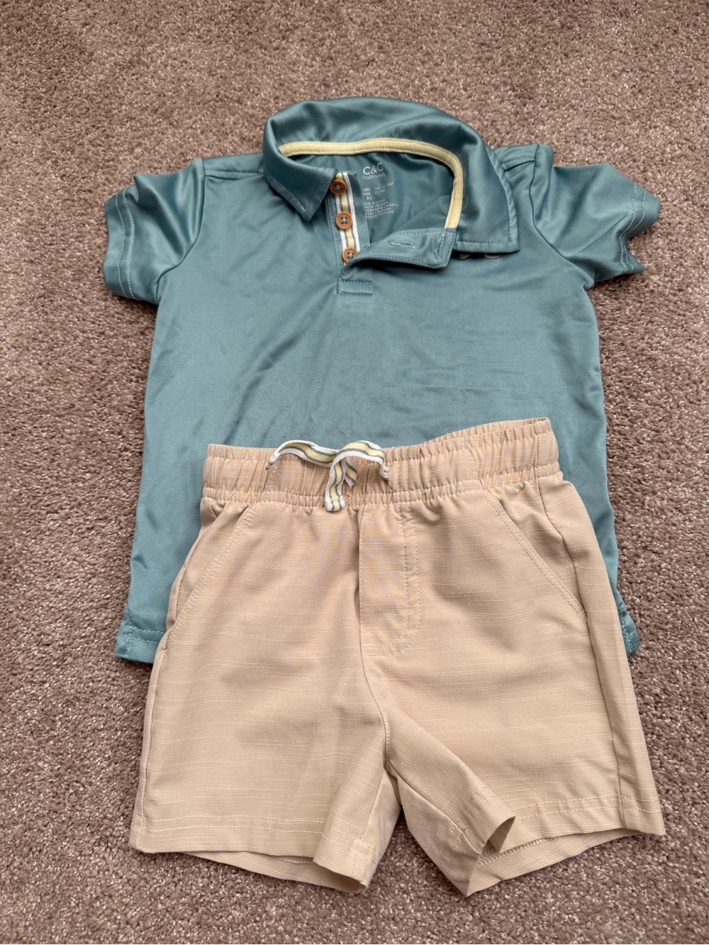 C&C California Teal Polo Top with Tan Drawstring Shorts 18 Months
